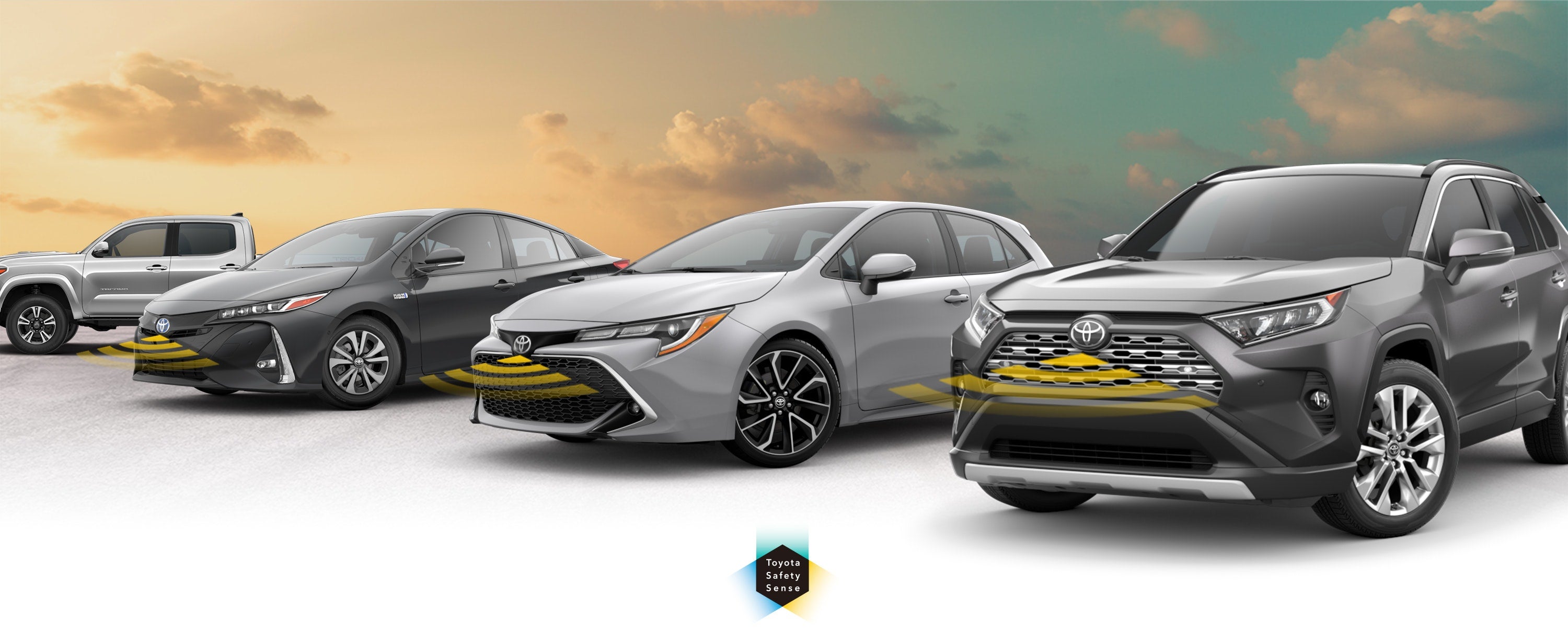 Toyota Safety Sense: Designed for Safety. Options shown on Toyota models including RAV4, Tacoma, and Camry, available now at Rolling Hills Toyota in St. Joseph MO.