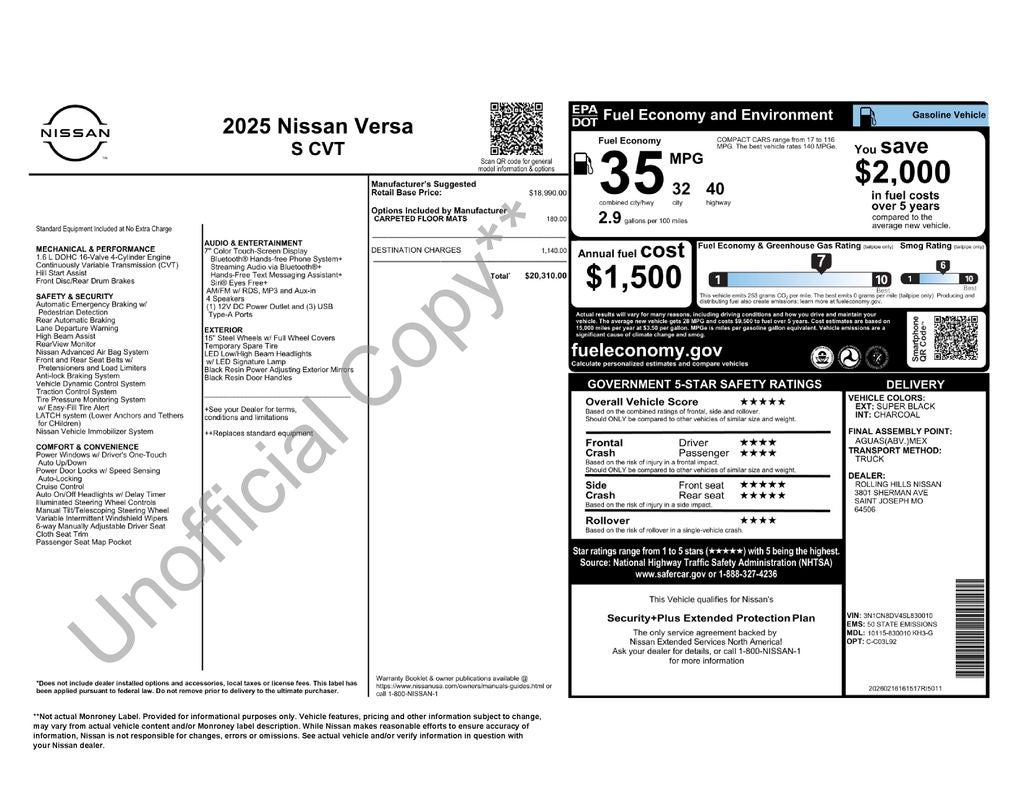 2025 Nissan Versa 1.6 S